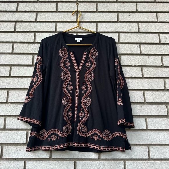 J.Jill Petite S Black Pink Embroidered Bell Sleeve Boho Tunic Top India - Picture 3 of 10